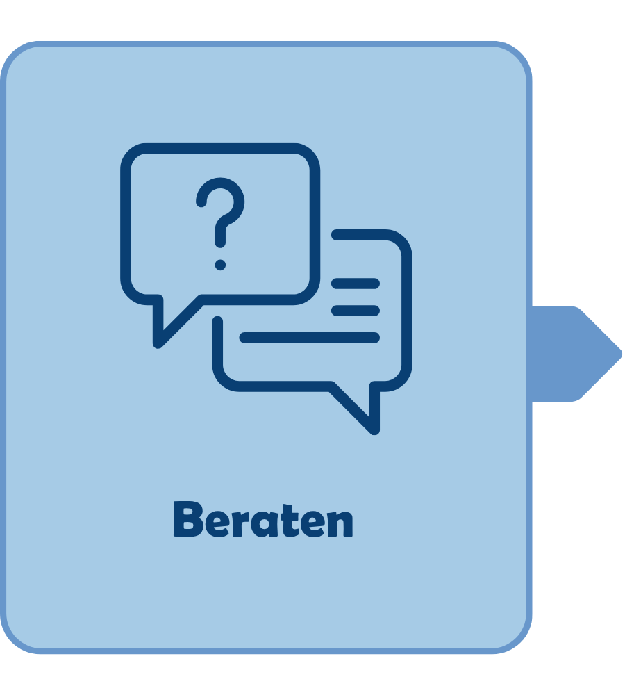 Symbolische Darstellung des Beratungsthemas mit Sprechblasen, die Fragen und Antworten symbolisieren. Der Begriff Beraten ist deutlich hervorgehoben und vermittelt den Fokus auf Informationsaustausch und Unterstützung. Ideal für Inhalte zu Beratung, Kommunikation und Kundenservice.