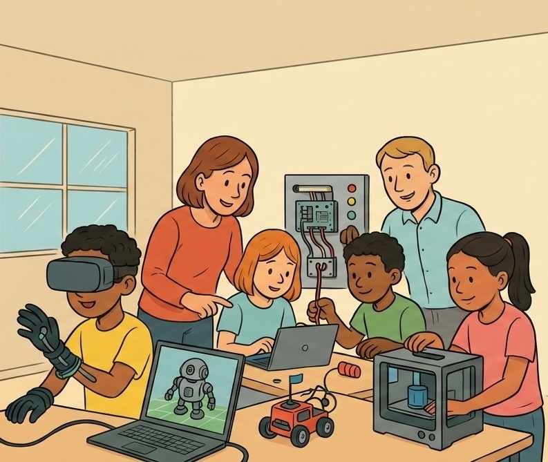 Gruppe von Kindern und einem Erwachsenen in einem modernen Klassenzimmer, die an technischen Projekten arbeiten. Ein Kind trägt eine VR-Brille und benutzt einen Handschuh, während andere an Laptops und einem 3D-Drucker arbeiten. Auf einem Bildschirm ist ein Roboter zu sehen. Die Szene fördert kreatives Lernen und technisches Verständnis.