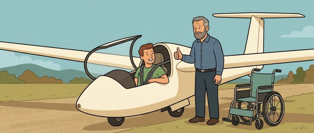 Ein junger Mann sitzt in einem Segelflugzeug und lächelt, während ein älterer Mann neben ihm steht und mit Daumen hoch Zustimmung zeigt. Im Hintergrund ist eine grüne Landschaft zu sehen, und ein Rollstuhl steht in der Nähe des Flugzeugs. Dieses Bild symbolisiert Barrierefreiheit und die Möglichkeiten für Menschen mit Mobilitätseinschränkungen, das Fliegen zu erleben.