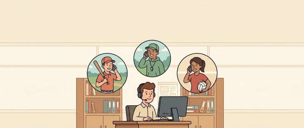 Illustration eines Mitarbeiters in einer virtuellen Vereinsgeschäftsstelle, der am Computer arbeitet und mit drei Sporttrainern telefoniert. Die Trainer sind in Sprechblasen dargestellt und repräsentieren verschiedene Sportarten, während der Mitarbeiter Unterstützung bietet. Die Szene vermittelt die Idee der digitalen Kommunikation und Vernetzung in Vereinsstrukturen.