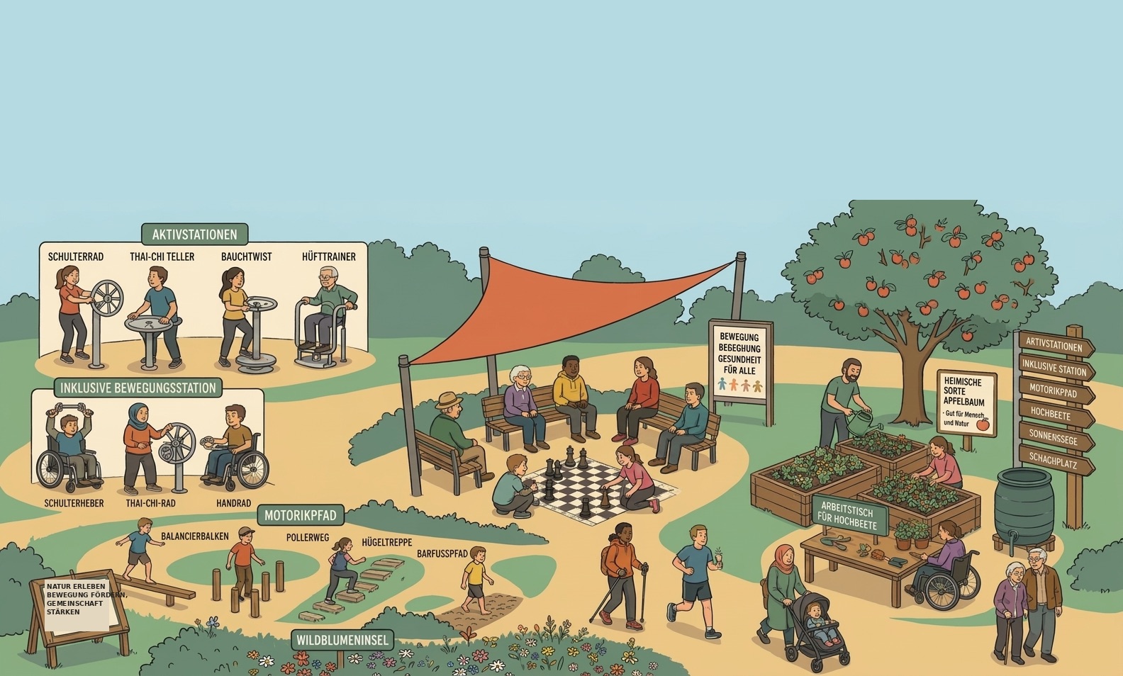 Illustration eines Bewegungsparks mit verschiedenen Aktivstationen für alle Altersgruppen und Mobilitätslevels. Zu sehen sind Menschen, die an Geräten wie Schulterrad, Thai-Chi Teller und Hüfttrainer trainieren. Inklusive Bewegungsstationen sind für Rollstuhlfahrer zugänglich. Der Park bietet zudem einen Motorikpfad mit Balancierbalken und eine Barfußzone. Eine Gruppe von Personen spielt Schach unter einem Sonnensegel, während andere Obst ernten und