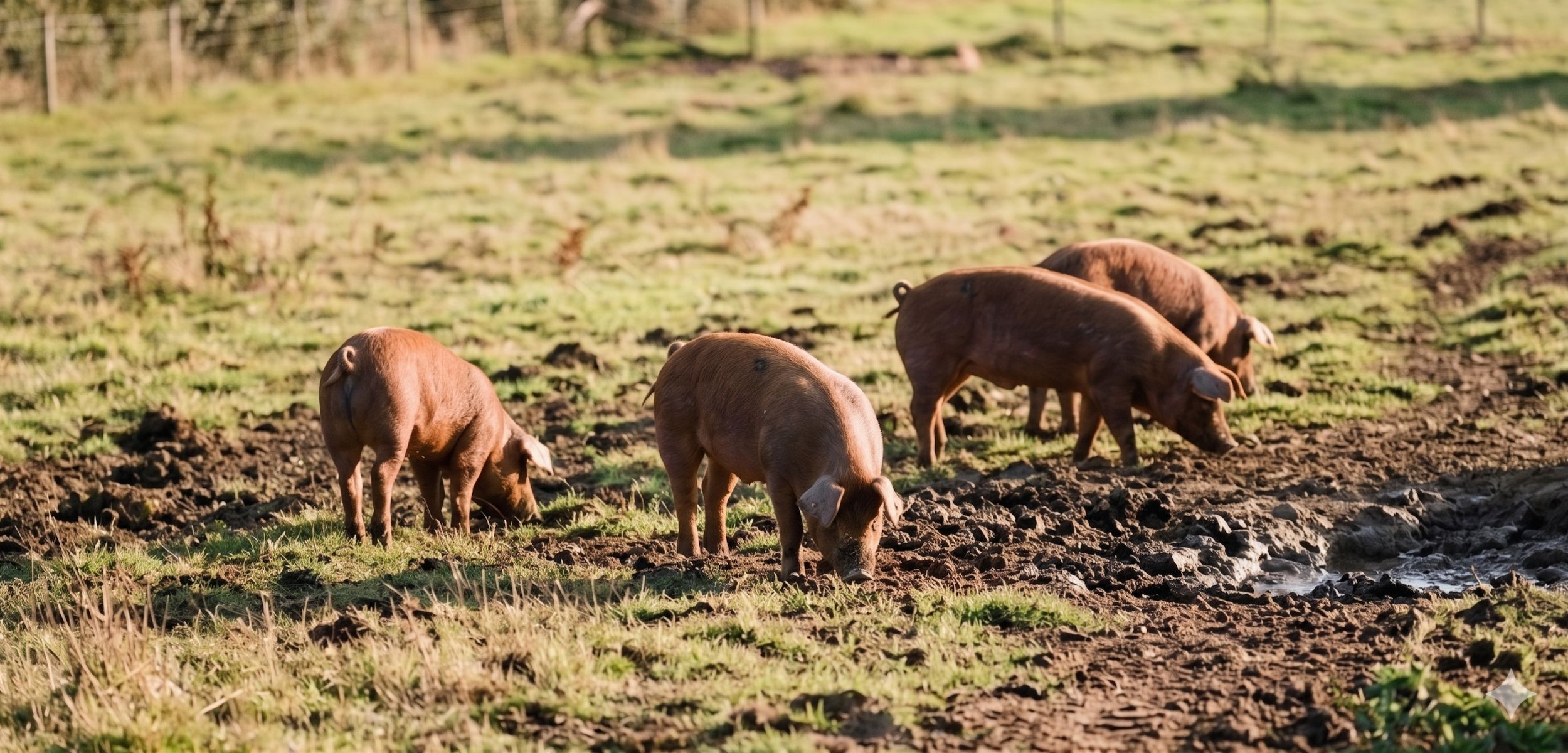 Vier Schweine grasen auf einer saftigen Wiese, während sie den Boden durchwühlen. Die Tiere sind braun und scheinen in einer ländlichen Umgebung zu leben, umgeben von frischem Gras und Erde. Die Szene vermittelt ein Gefühl von natürlicher Landwirtschaft und artgerechter Tierhaltung.