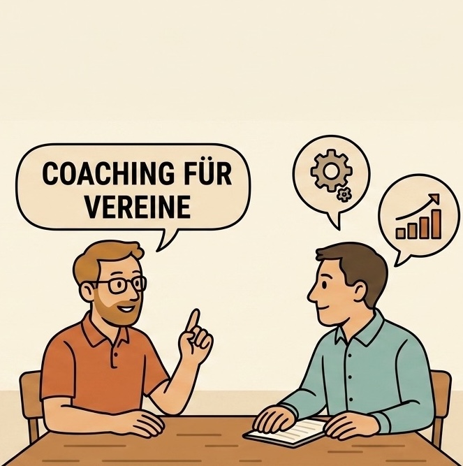 Zwei Männer sitzen an einem Tisch und diskutieren über Coaching für Vereine. Der Mann links spricht enthusiastisch und zeigt mit dem Finger auf seinen Gesprächspartner. Über beiden Köpfen sind Sprechblasen mit Symbolen für Zahnrad und Statistikdiagramm zu sehen, die auf Themen wie Organisation und Wachstum hinweisen.