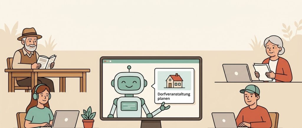 Illustration einer Online-Diskussion zur Planung einer Dorfveranstaltung, die einen lächelnden Roboter zeigt, der Anleitungen gibt. Im Vordergrund sind Teilnehmer unterschiedlichen Alters zu sehen, darunter eine junge Frau mit Kopfhörern, eine ältere Frau mit einem Laptop und ein Junge, der an seinem Computer arbeitet. Im Hintergrund sitzt ein älterer Mann, der ein Buch liest. Die Szene vermittelt ein Gefühl von Gemeinschaft und Zusammenarbeit durch digitale Technologien.