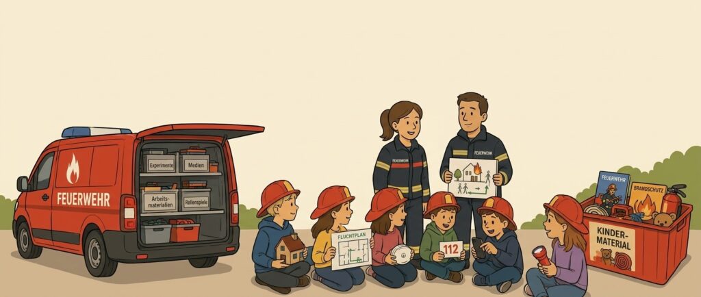 Illustration einer Feuerwehraktion zur generationsübergreifenden Brandschutzerziehung, die Feuerwehrleute und Kinder zeigt, die gemeinsam an einem Fahrzeug mit Lehrmaterialien arbeiten. Die Kinder halten Plakate mit Fluchtplänen und Notrufnummern, während die Feuerwehrkräfte Anleitungen geben. Im Hintergrund sind verschiedene Materialien für die Brandschutzerziehung sichtbar.