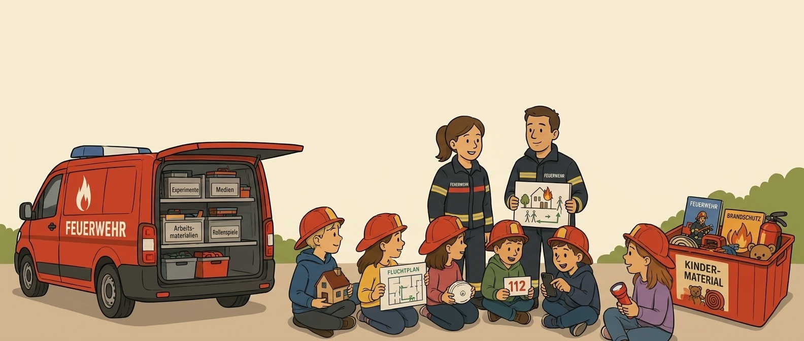 Illustration einer Feuerwehraktion zur generationsübergreifenden Brandschutzerziehung, die Feuerwehrleute und Kinder zeigt, die gemeinsam an einem Fahrzeug mit Lehrmaterialien arbeiten. Die Kinder halten Plakate mit Fluchtplänen und Notrufnummern, während die Feuerwehrkräfte Anleitungen geben. Im Hintergrund sind verschiedene Materialien für die Brandschutzerziehung sichtbar.