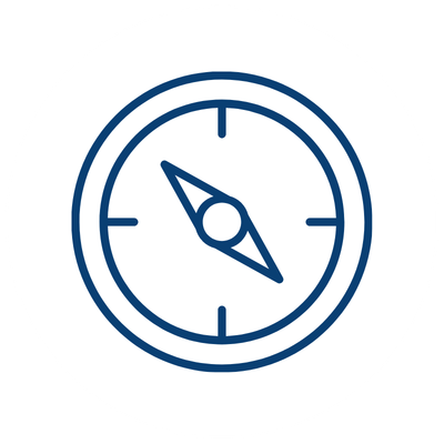 Symbol eines Kompasses in blauer Farbe auf weißem Hintergrund, repräsentiert Orientierung und Navigation im Downloadbereich.
