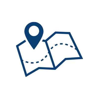Symbol eines offenen Kartenplans mit einem Standortmarker, der eine Route darstellt, ideal für den Downloadbereich einer Webseite.