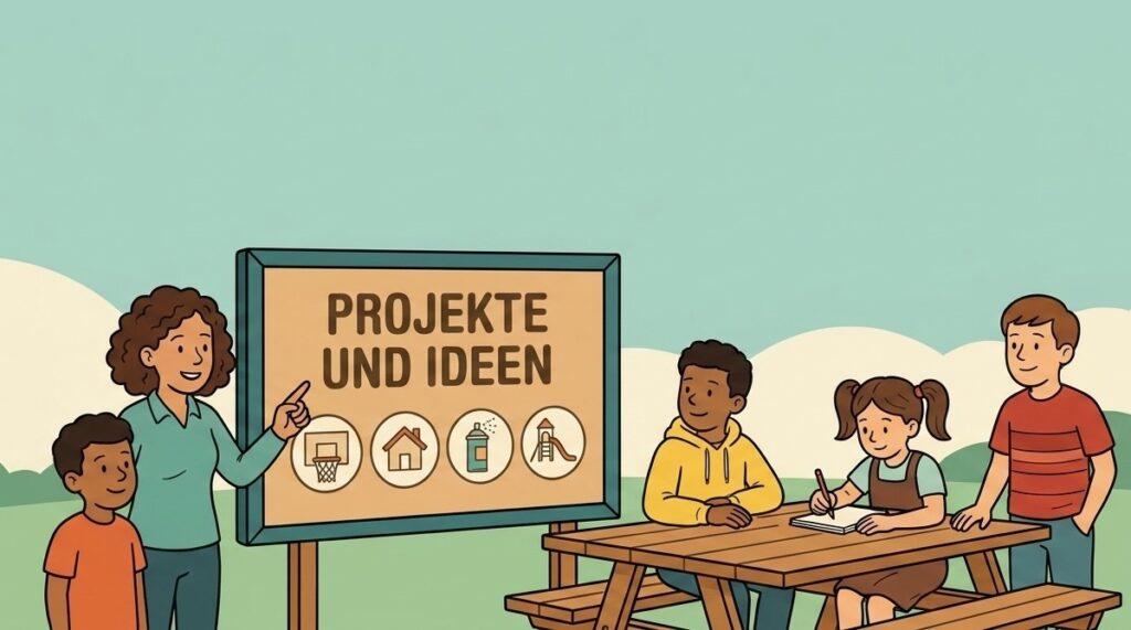 Eine Gruppe von Kindern und einem Erwachsenen sitzt an einem Tisch im Freien und diskutiert kreative Projekte und Ideen. Im Hintergrund befindet sich ein Schild mit der Aufschrift "Projekte und Ideen", das Symbole für Basketball, ein Haus, ein Getränk und einen Spielplatz zeigt. Die Szene vermittelt eine freundliche und kooperative Atmosphäre.