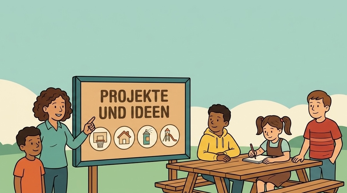 Eine Gruppe von Kindern und einem Erwachsenen sitzt an einem Tisch im Freien und diskutiert kreative Projekte und Ideen. Im Hintergrund befindet sich ein Schild mit der Aufschrift "Projekte und Ideen", das Symbole für Basketball, ein Haus, ein Getränk und einen Spielplatz zeigt. Die Szene vermittelt eine freundliche und kooperative Atmosphäre.