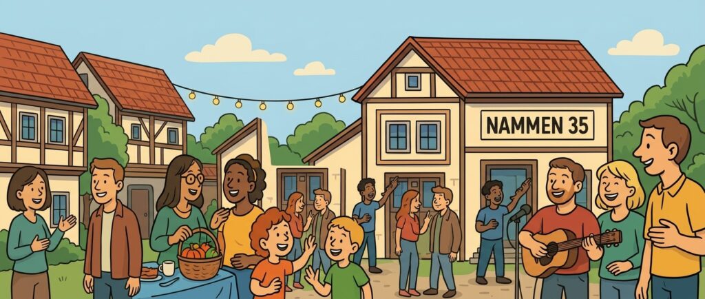 Illustration einer lebhaften Nachbarschaftsfeier vor einem Gebäude mit der Aufschrift "NAMMEN 35". Menschen unterschiedlichen Alters und Herkunft interagieren, lachen und genießen die Gemeinschaft. Ein Tisch mit Obst und Getränken steht im Vordergrund, während ein Musiker mit einer Gitarre spielt. Die Umgebung ist freundlich und einladend, umgeben von traditionellen Häusern und grünen Bäumen.
