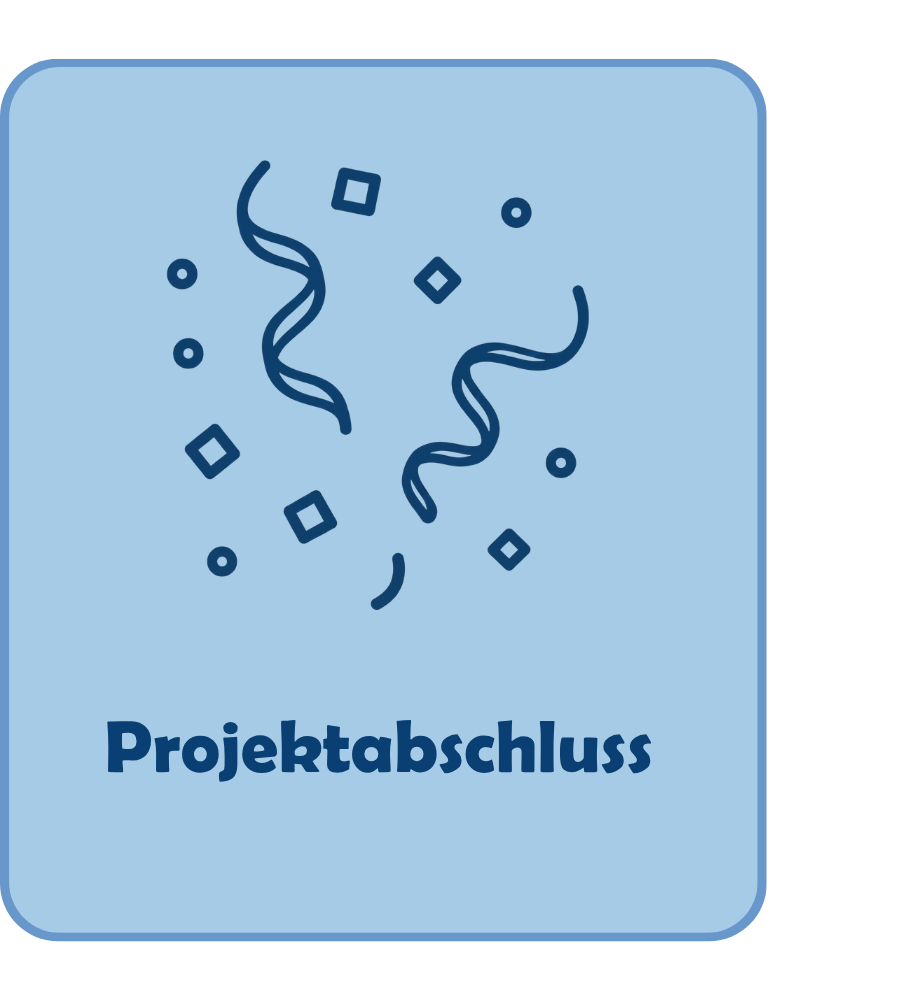 Grafik zum Thema Projektabschluss mit bunten Konfetti-Elementen und dem Schriftzug Projektabschluss auf blauem Hintergrund. Ideal zur Visualisierung von Feierlichkeiten oder dem Abschluss von Projekten in Präsentationen oder Dokumentationen.