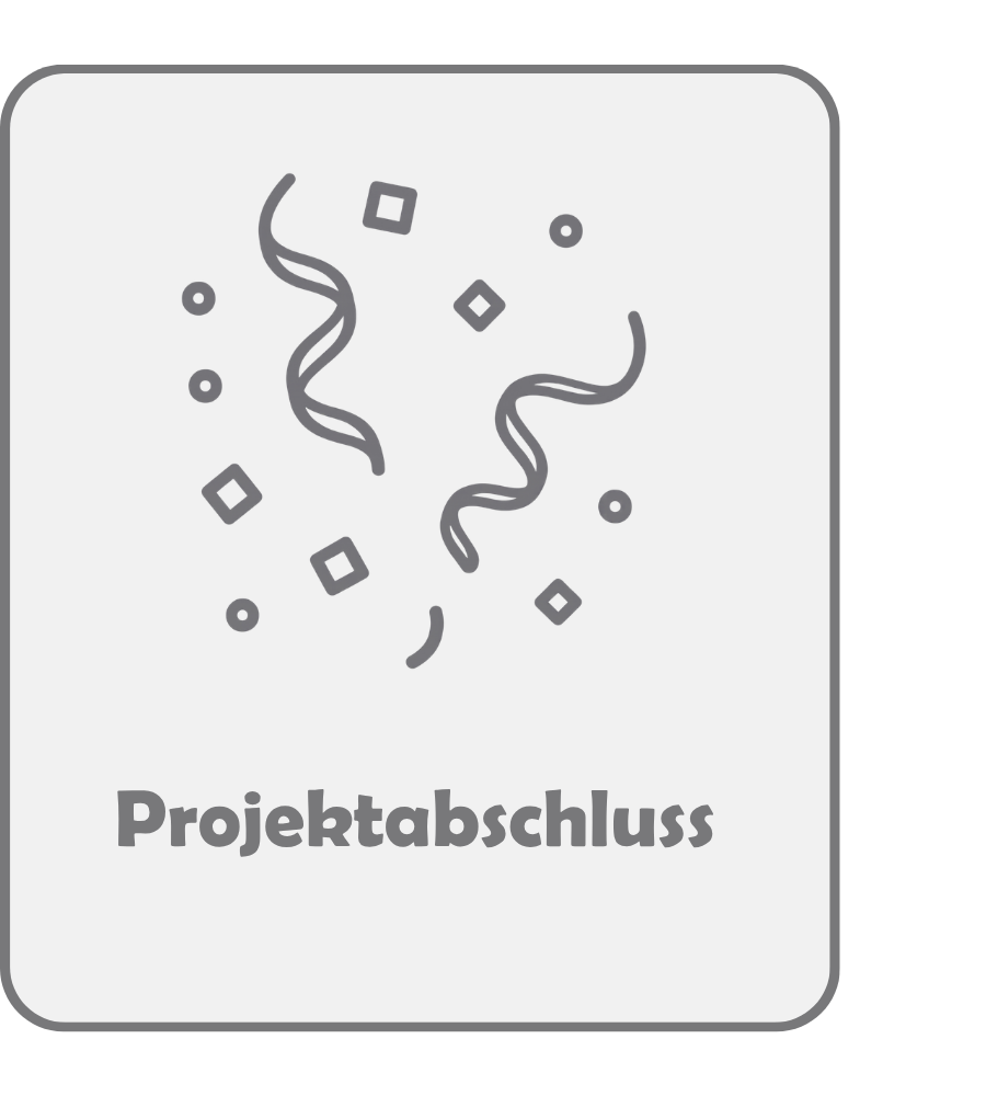 Grafische Darstellung eines Projektabschlusses mit bunten Konfetti-Elementen und dem Schriftzug Projektabschluss, symbolisiert den erfolgreichen Abschluss eines Projekts und die damit verbundene Feierlichkeit.