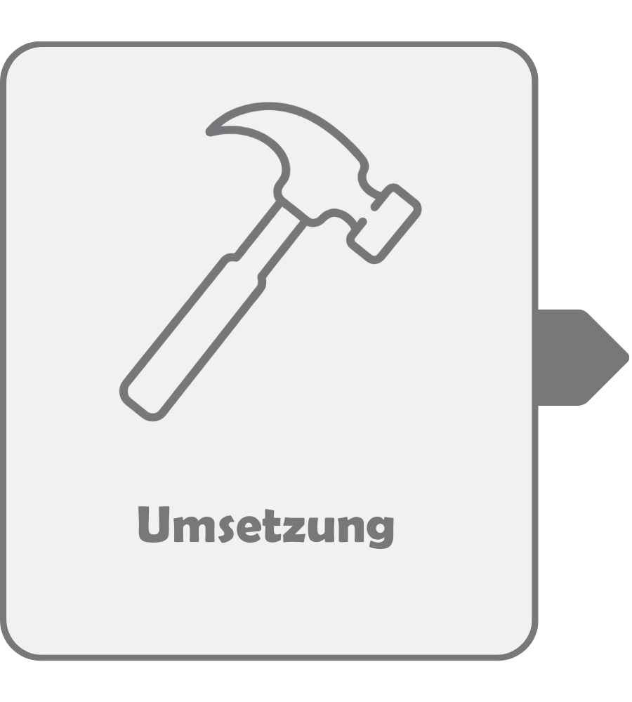 Symbol eines Hammers mit dem Text Umsetzung, dargestellt in einem minimalistischen Design, ideal für Themen wie Handwerk, Bauprojekte oder Projektmanagement.