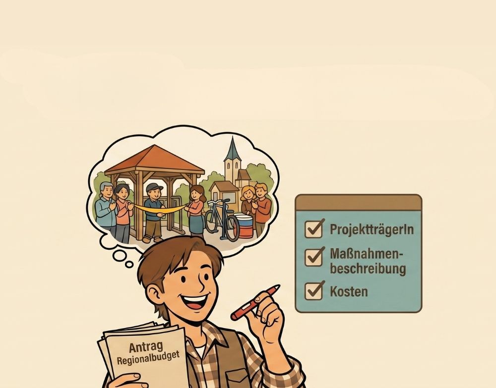 Mann mit Stift und Antrag für das Regionalbudget denkt über ein Gemeinschaftsprojekt nach, das Menschen bei der Umsetzung von Maßnahmen zur Verbesserung ihrer Gemeinde unterstützt. Im Hintergrund sind Szenen von Menschen, die an einem Projekt arbeiten, sowie eine Checkliste mit den Punkten Projektträger, Maßnahmenbeschreibung und Kosten.