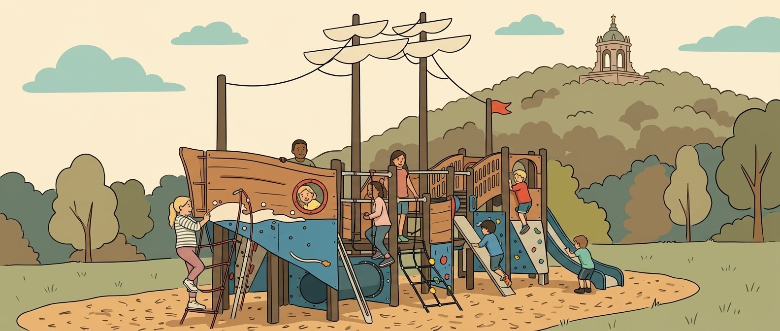 Spielplatz am Wesertreff mit einem großen Spielschiff, auf dem Kinder aktiv spielen. Die Szenerie zeigt eine grüne Parklandschaft mit Bäumen im Hintergrund und einem Aussichtspunkt auf einem Hügel. Die Kinder klettern, rutschen und haben Spaß, während sie ihre Fantasie auf dem Spielgerät ausleben.
