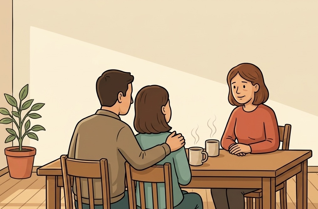 Eine freundliche Unterhaltung am Tisch zwischen drei Personen, während sie heiße Getränke genießen. Im Hintergrund befindet sich eine Pflanze in einem Topf, die zur gemütlichen Atmosphäre beiträgt. Die Szene vermittelt ein Gefühl von Nähe und Vertrautheit.