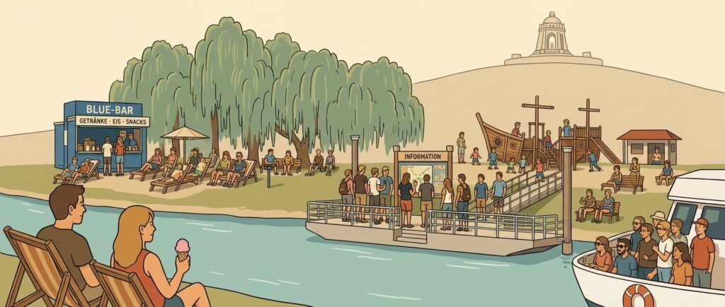 Blick auf eine lebhafte Freizeitlandschaft an der Porta mit der Blue-Bar, wo Besucher Getränke und Snacks genießen. Entspannte Gäste liegen auf Liegen am Wasser, während andere am Informationsstand den Überblick über Aktivitäten erhalten. Im Hintergrund sind spielende Kinder und ein historisches Schiff zu sehen, das die maritime Atmosphäre unterstreicht. Ideal für einen entspannten Tag am Wasser.