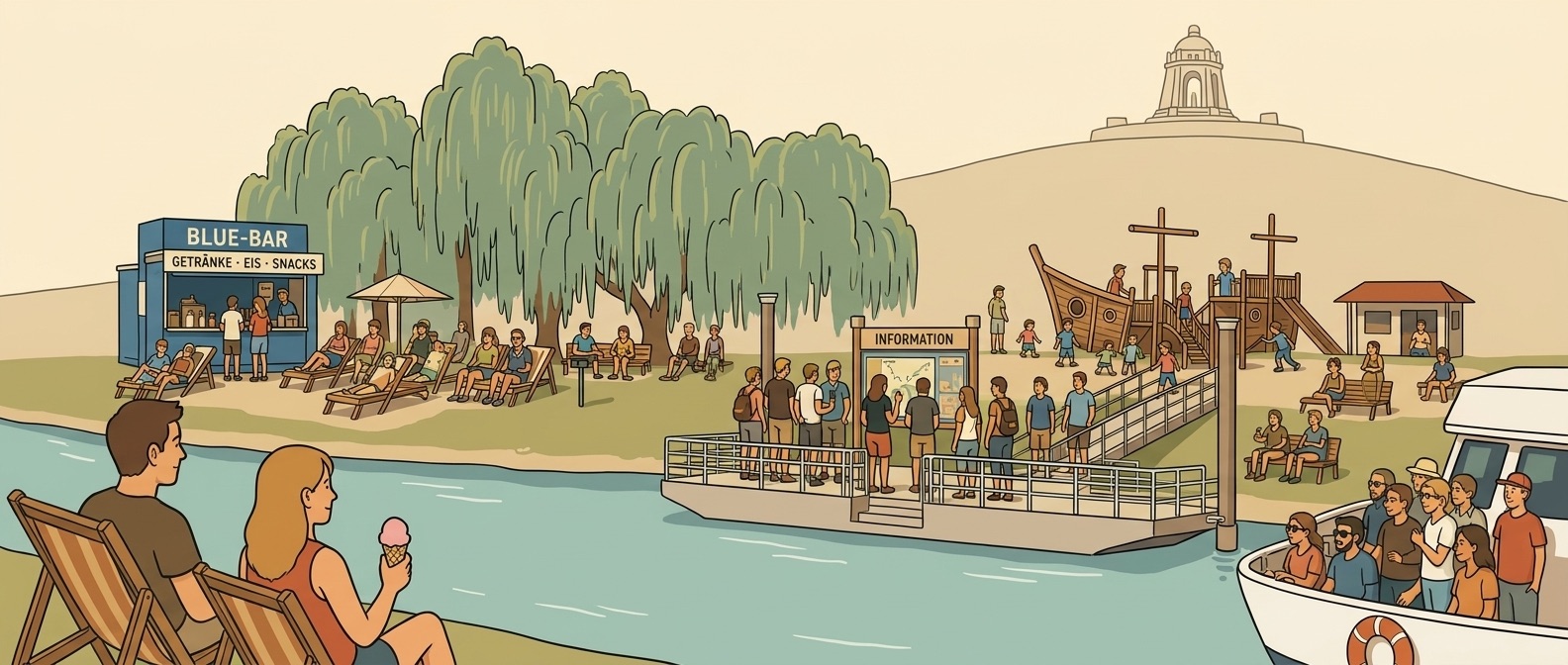Blick auf eine lebhafte Freizeitlandschaft an der Porta mit der Blue-Bar, wo Besucher Getränke und Snacks genießen. Entspannte Gäste liegen auf Liegen am Wasser, während andere am Informationsstand den Überblick über Aktivitäten erhalten. Im Hintergrund sind spielende Kinder und ein historisches Schiff zu sehen, das die maritime Atmosphäre unterstreicht. Ideal für einen entspannten Tag am Wasser.