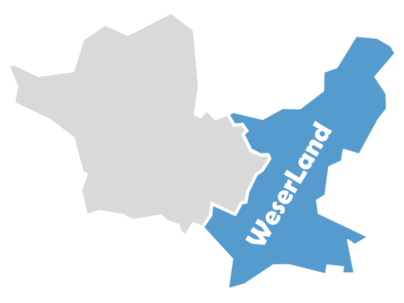 Karte von WeserLand, die die geografische Lage der Region in blauer Farbe hervorhebt, umgeben von einer grauen Fläche, die andere Gebiete darstellt. Ideal für geografische und touristische Informationen über WeserLand.