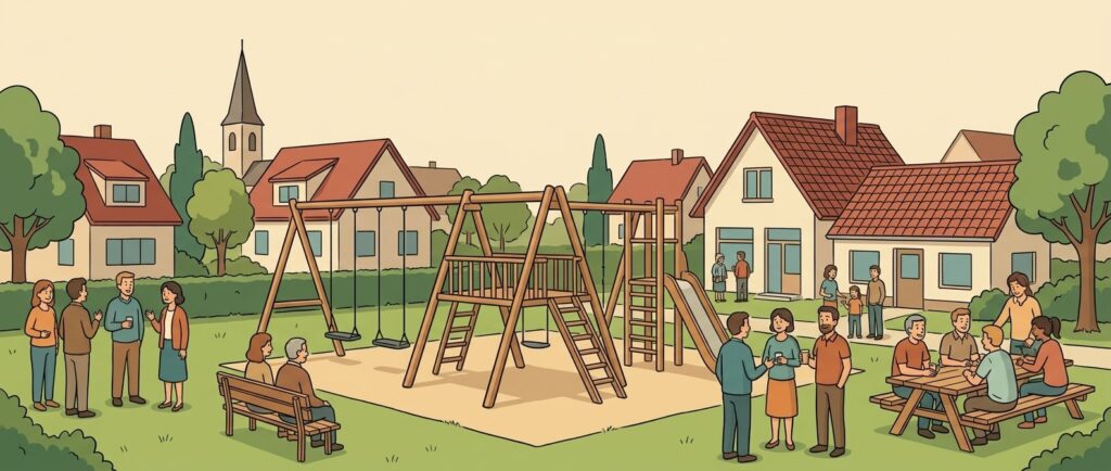 Illustration einer lebhaften Gemeinschaftsveranstaltung in Bad Oeynhausen, die Menschen zeigt, die sich in einem Spielplatzbereich mit Schaukeln und Rutsche versammeln. Im Hintergrund sind Wohnhäuser und eine Kirchturm zu sehen. Die Szene vermittelt ein Gefühl von Nachbarschaft und Zusammenkunft, während Erwachsene und Kinder miteinander interagieren und die Freizeit genießen.